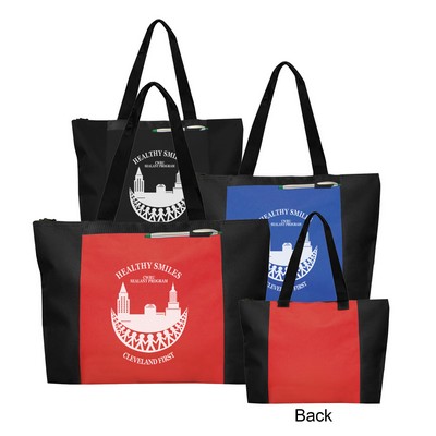 Durable 600D polyester daily zipper tote with heavy Backing